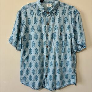 Faherty Men Short Sleeve Breeze Shirt 100% Tencel Large Leaf Print All Over Blue